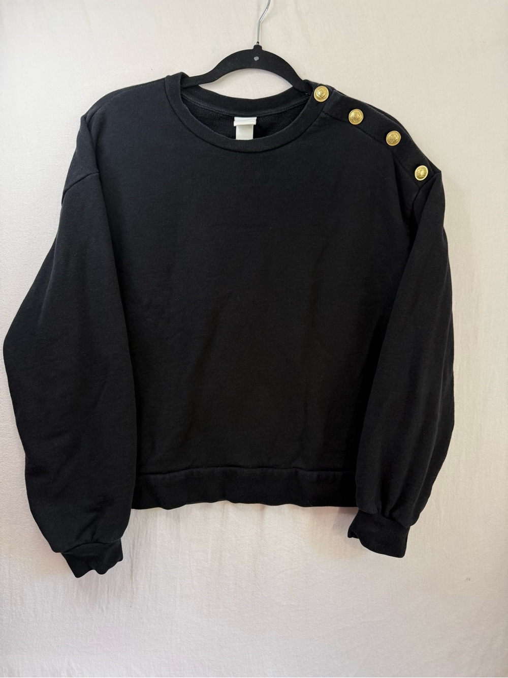 H&M Black Crewneck Sweatshirt with Gold Shoulder Buttons 100% Cotton Size M